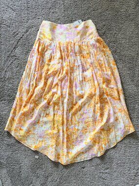 $130 Anthropologie Maeve Printed Flounce Midi Skirt Pink Orange Sz MEDIUM